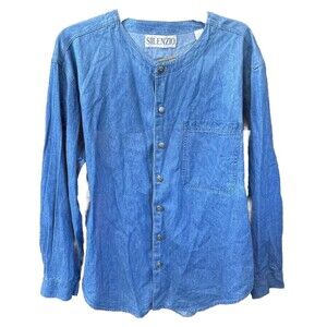 Silenzio COLLARLESS Button Up Shirt S Cotton Light Denim Long Sleeve Pocket Men